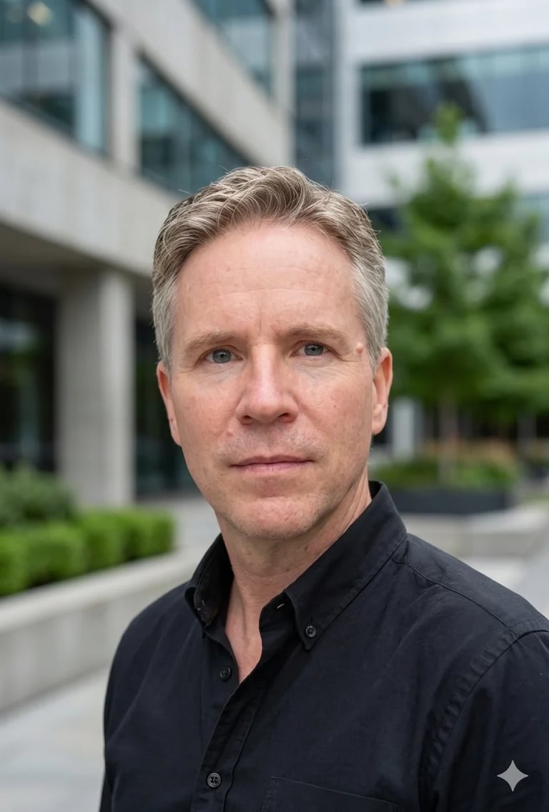 Middle-aged man with gray hair wearing a black button-up shirt, posing outdoors in front of a modern building