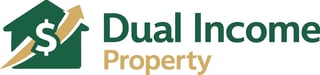 Dual Income Property logo featuring a green house with dollar sign and gold arrow design