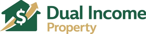 Dual Income Property logo featuring a green house with dollar sign and gold arrow design